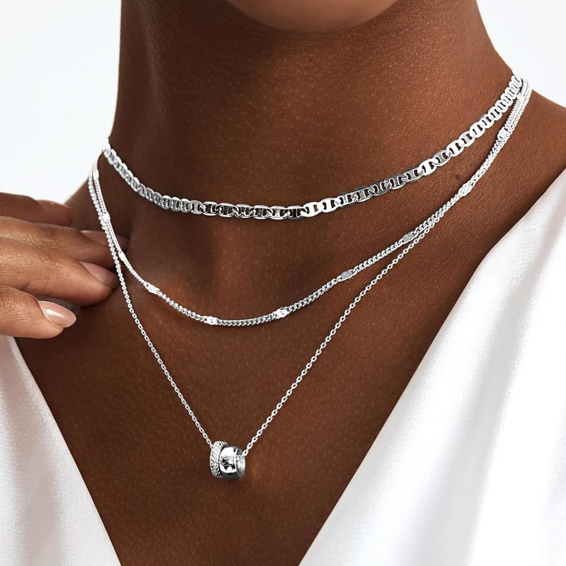 OGD Store Layered CZ Rondelle Pendant Necklaces for Women, 14K Gold Plated Trendy Mariner Chain Dainty Circle Rondelle Pendant Choker Necklace for Women Two-Toned Cubic Zirconia Gold Necklace - Image 3